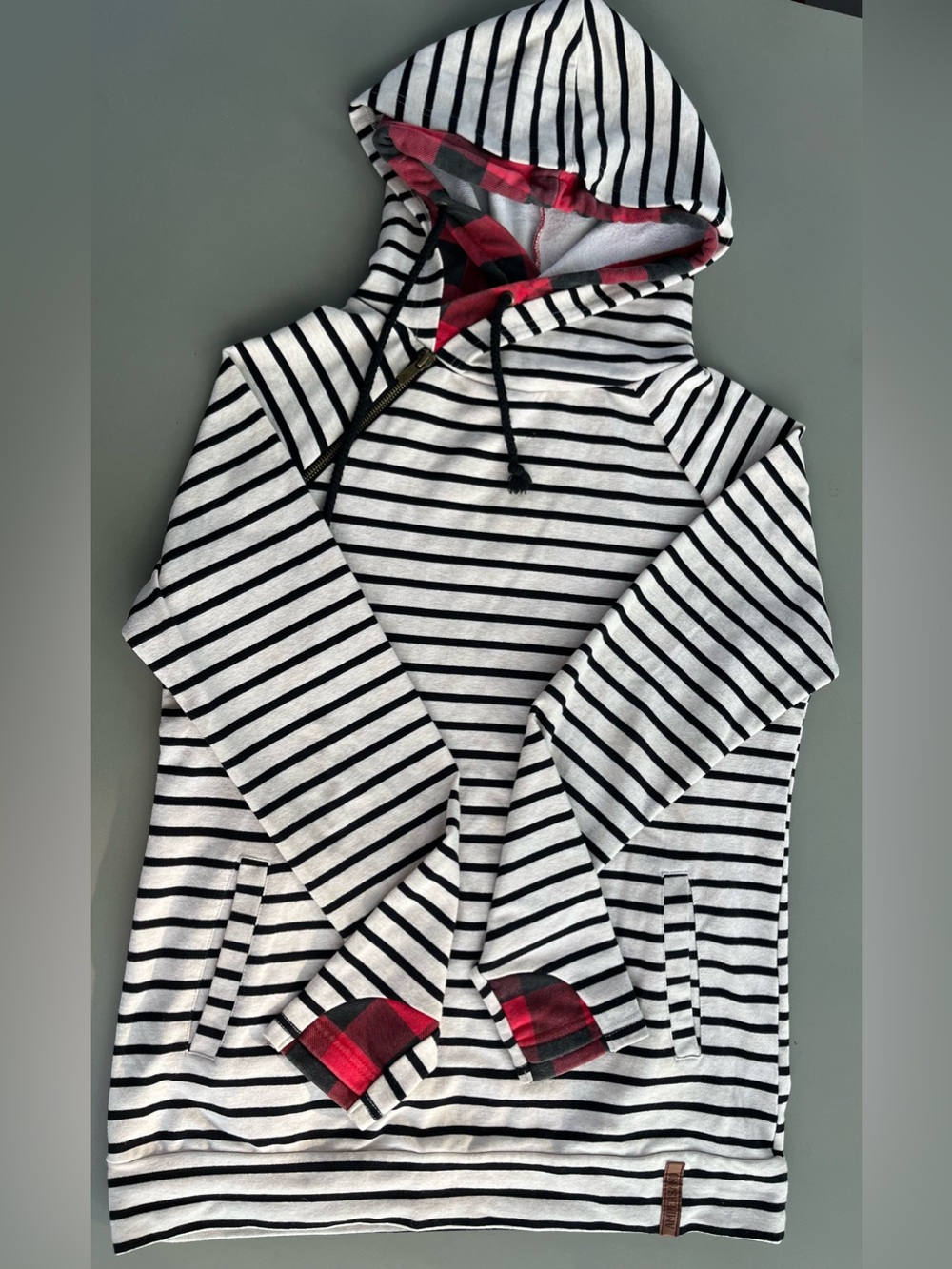 AMPERSAND Black & Oatmeal Striped Double Hoodie with Red Plaid Trim